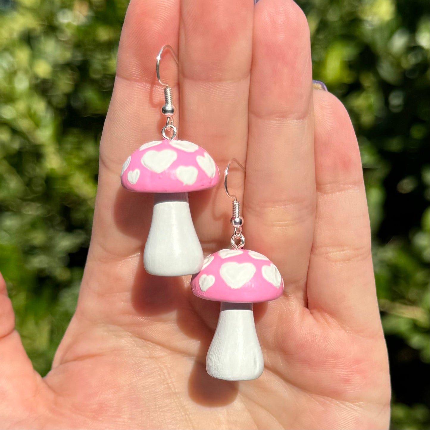 Pink and White Heart Mushroom Earrings