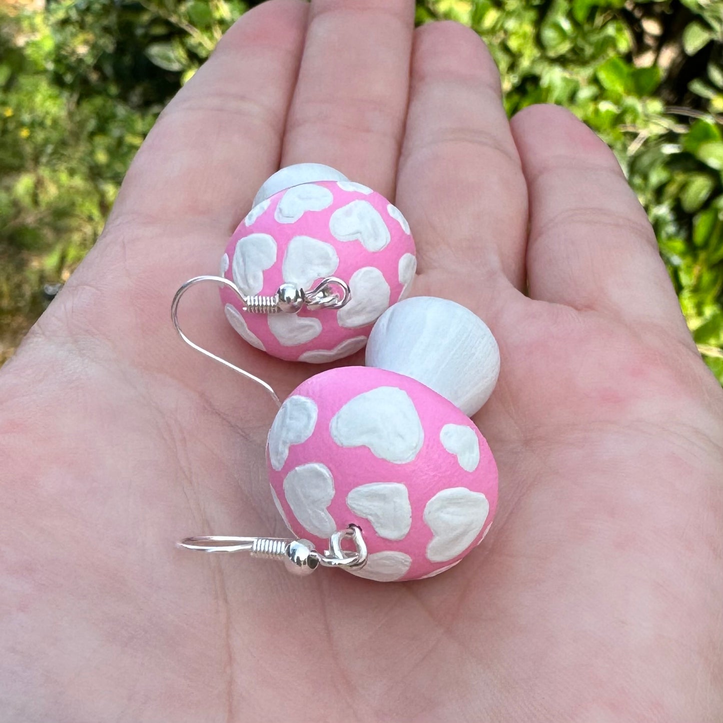 Pink and White Heart Mushroom Earrings