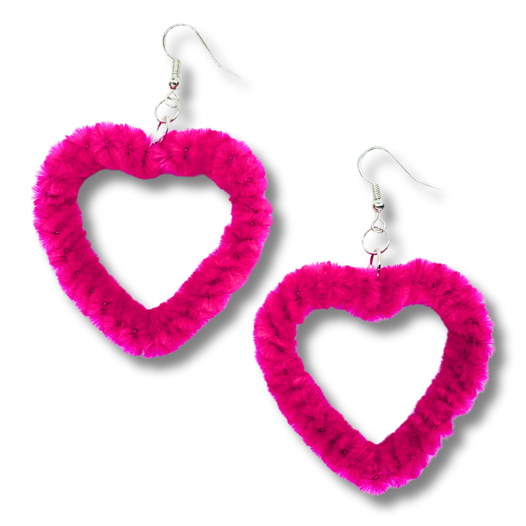 Hot Pink Fuzzy Heart Earrings