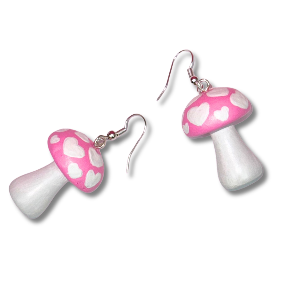 Pink and White Heart Mushroom Earrings