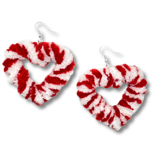 Christmas Candy Cane Fuzzy Heart Earrings