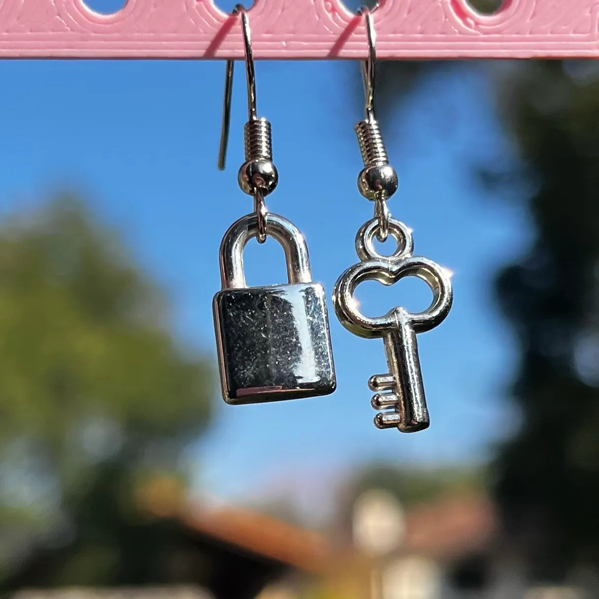 Silver Lock and Key Earrings