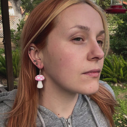 Pink and White Heart Mushroom Earrings
