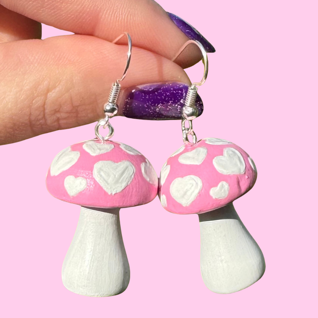 Pink and White Heart Mushroom Earrings