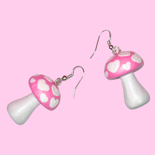 Pink and White Heart Mushroom Earrings
