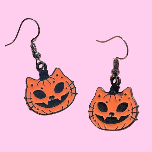 Orange Pumpkin Cat Earrings
