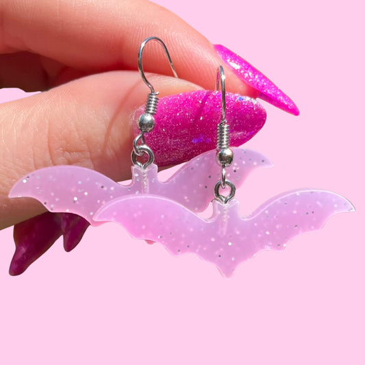 Pink Glitter Bat Earrings