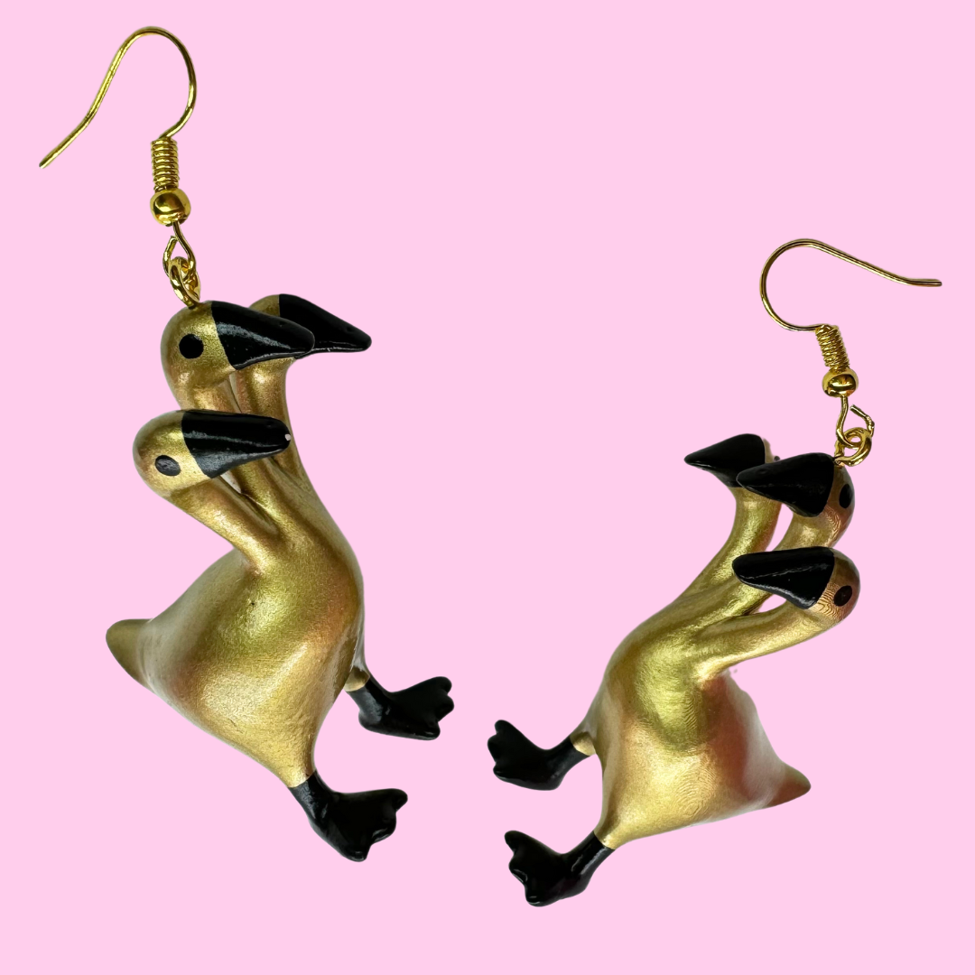 Gold 3 Headed Duck Goose Earrings