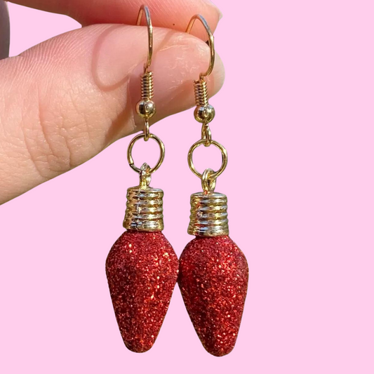 Red Glitter Christmas Light Earrings