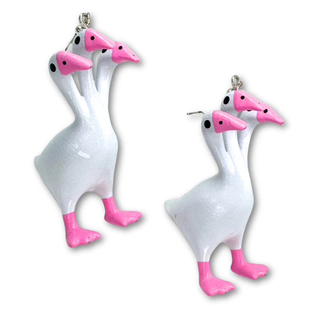 Pink 3 Headed Duck Goose Earrings