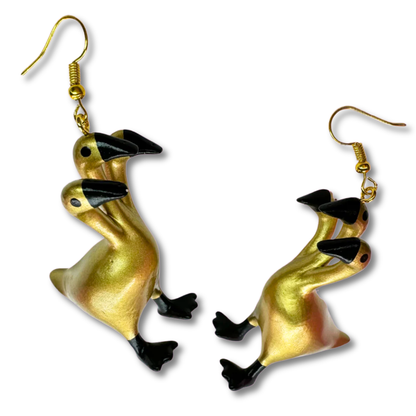 Gold 3 Headed Duck Goose Earrings