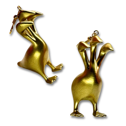Gold 3 Headed Duck Goose Earrings