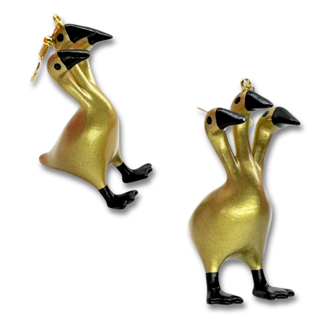 Gold 3 Headed Duck Goose Earrings