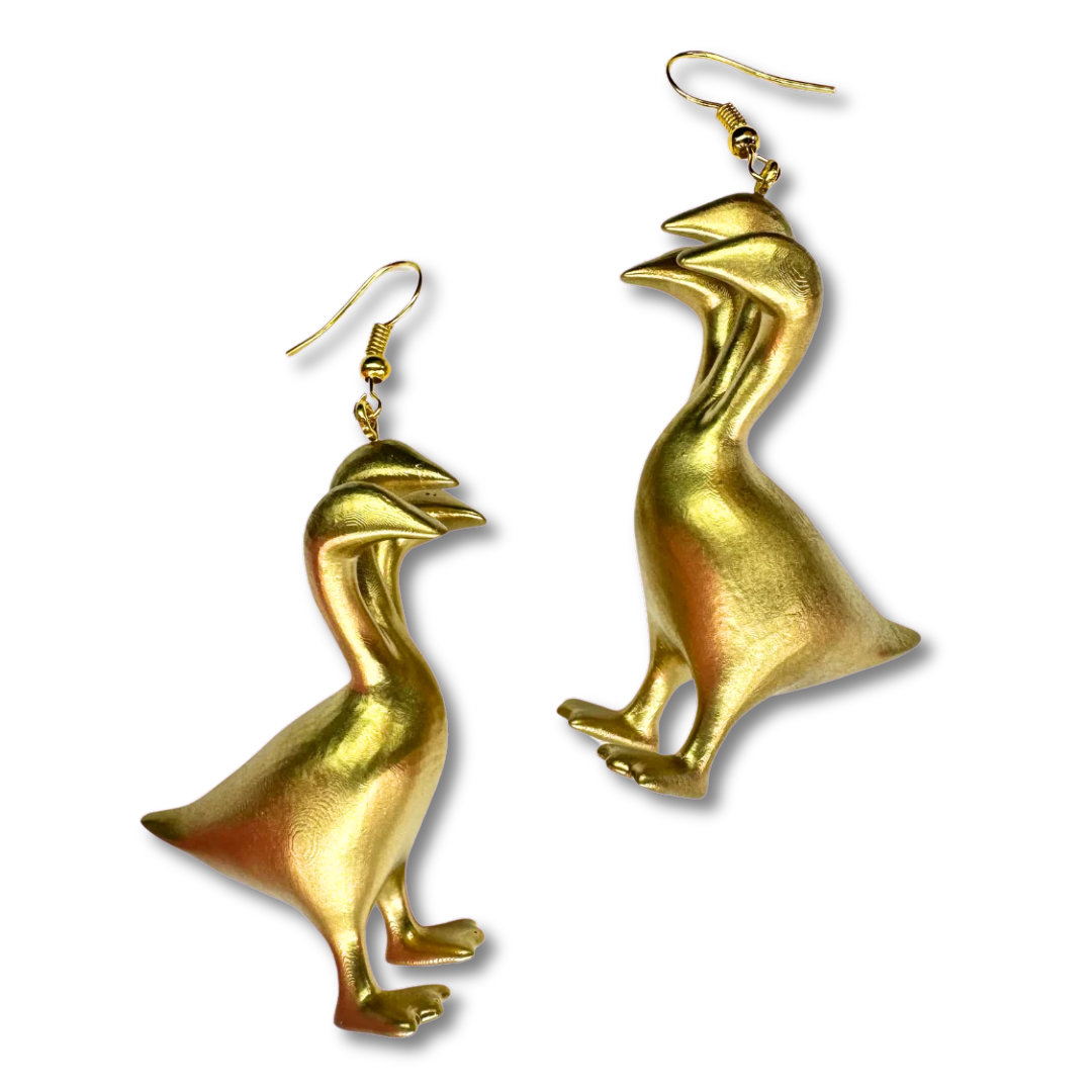 Gold 3 Headed Duck Goose Earrings