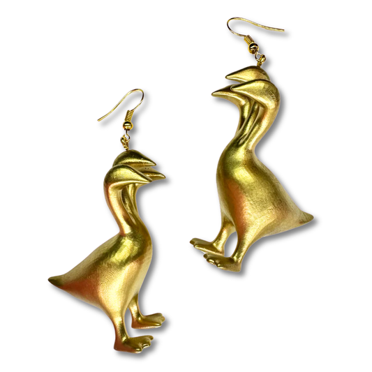 Gold 3 Headed Duck Goose Earrings