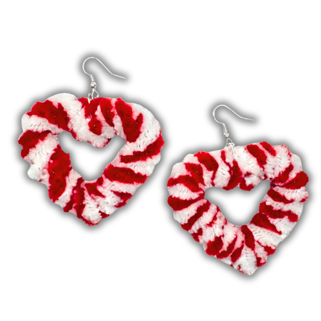 Christmas Candy Cane Fuzzy Heart Earrings