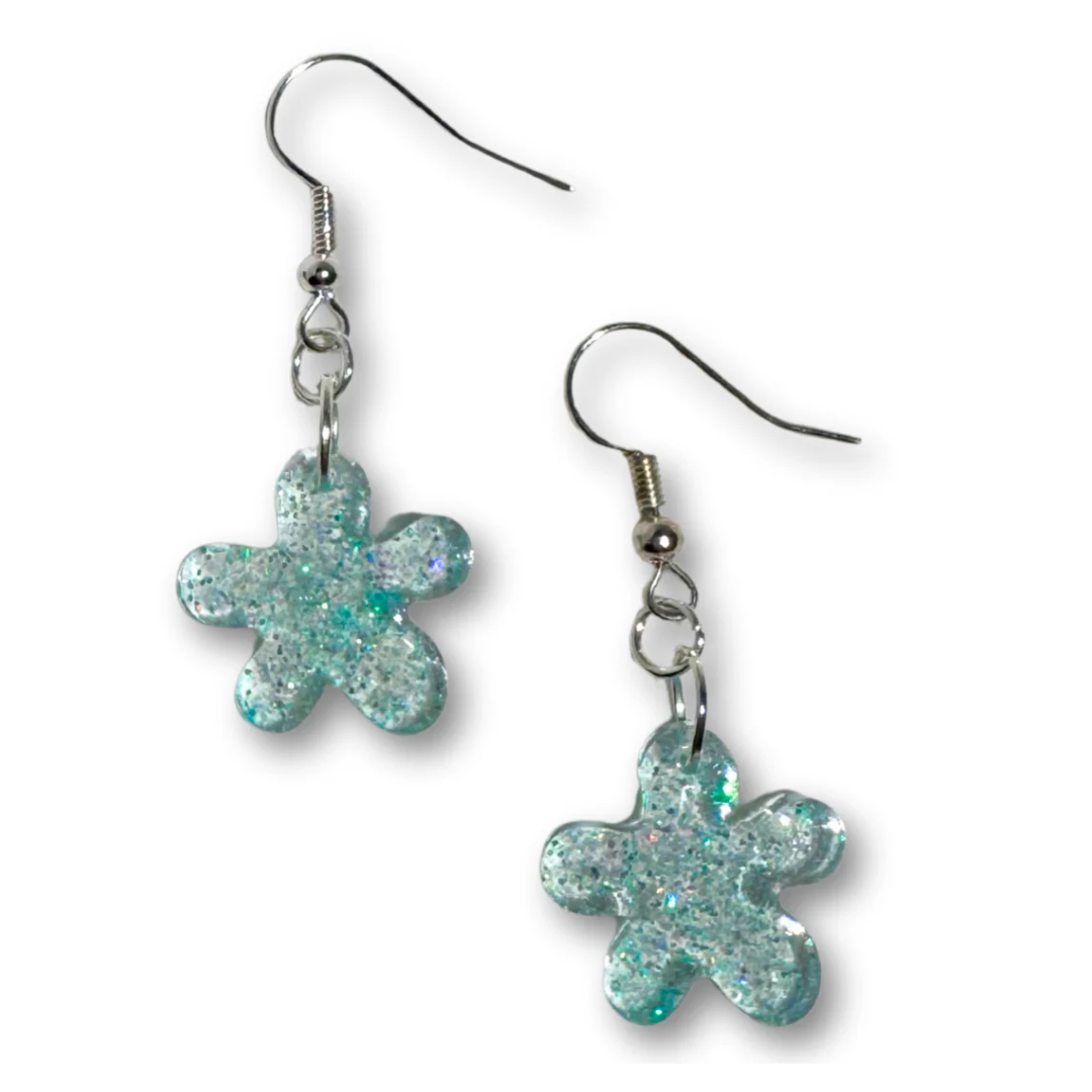 Blue Glitter Flower Earrings