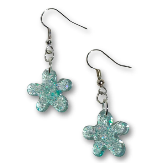 Blue Glitter Flower Earrings