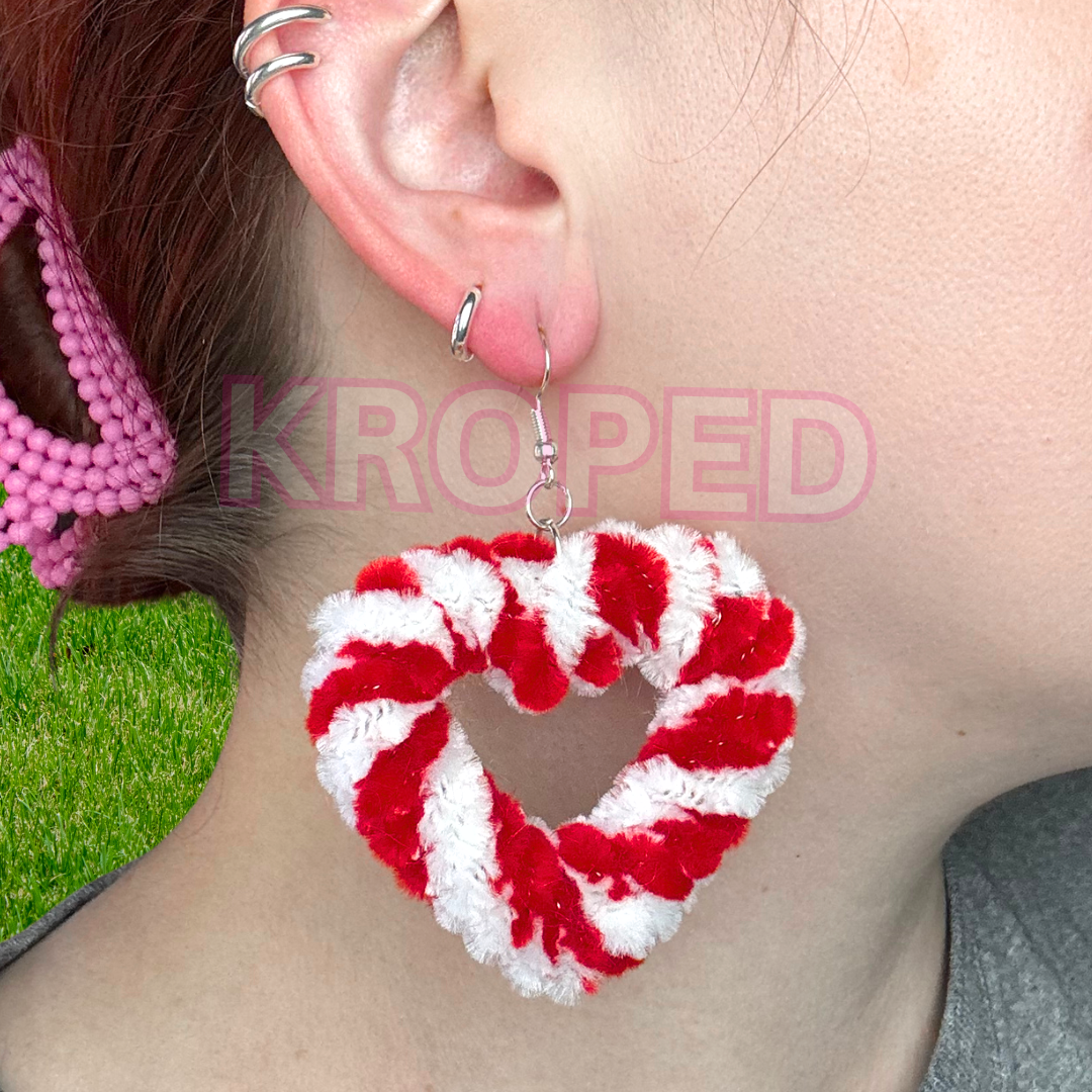 Christmas Candy Cane Fuzzy Heart Earrings