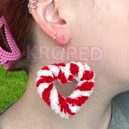 Christmas Candy Cane Fuzzy Heart Earrings