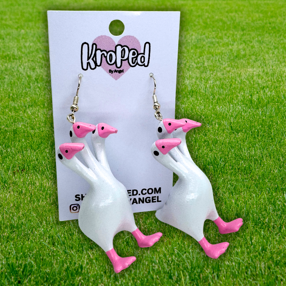 Pink 3 Headed Duck Goose Earrings