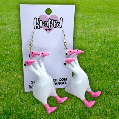 Pink 3 Headed Duck Goose Earrings