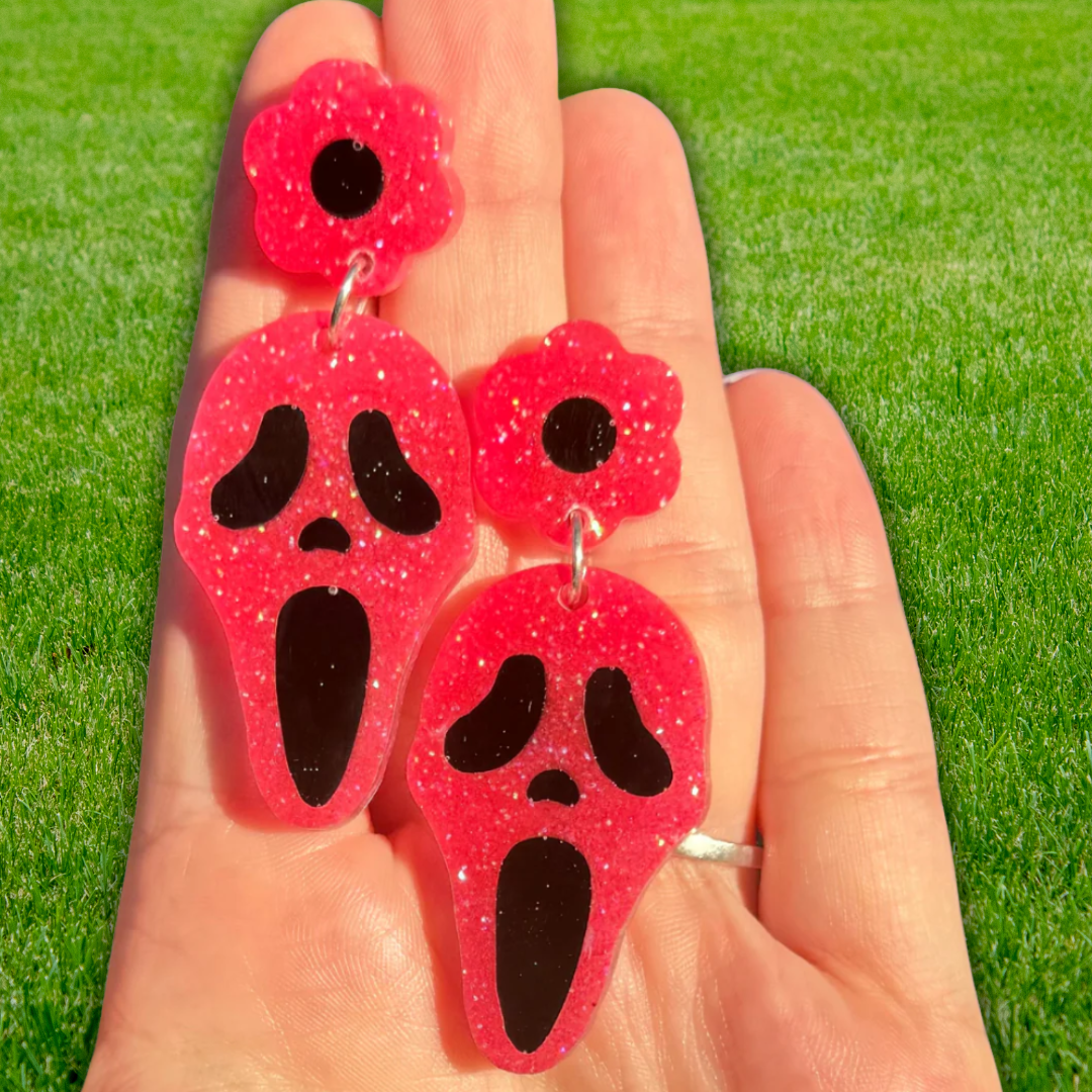 Pink Flower Glitter Ghost Face Earrings