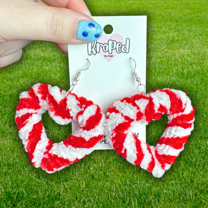 Christmas Candy Cane Fuzzy Heart Earrings