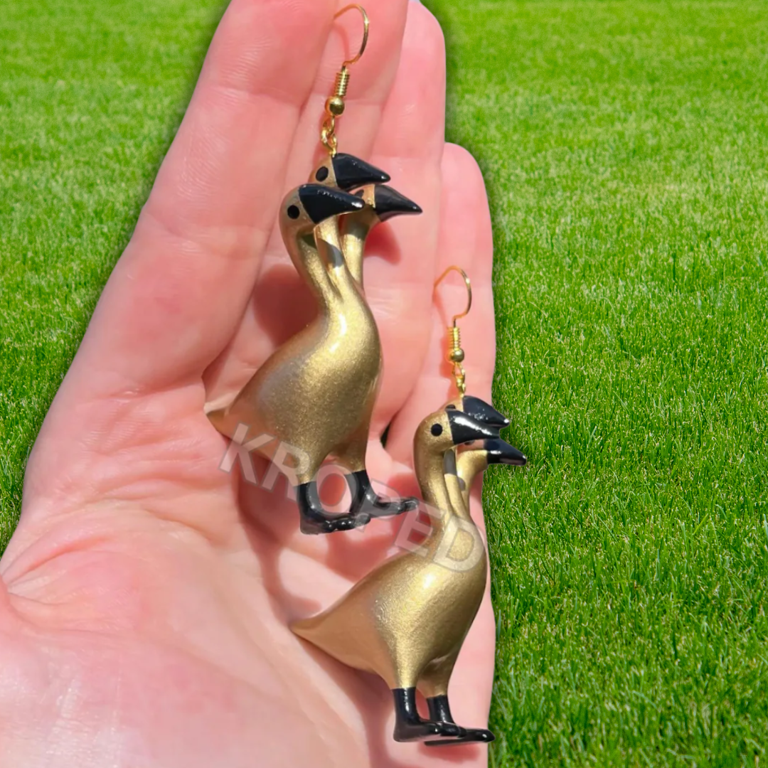 Gold 3 Headed Duck Goose Earrings