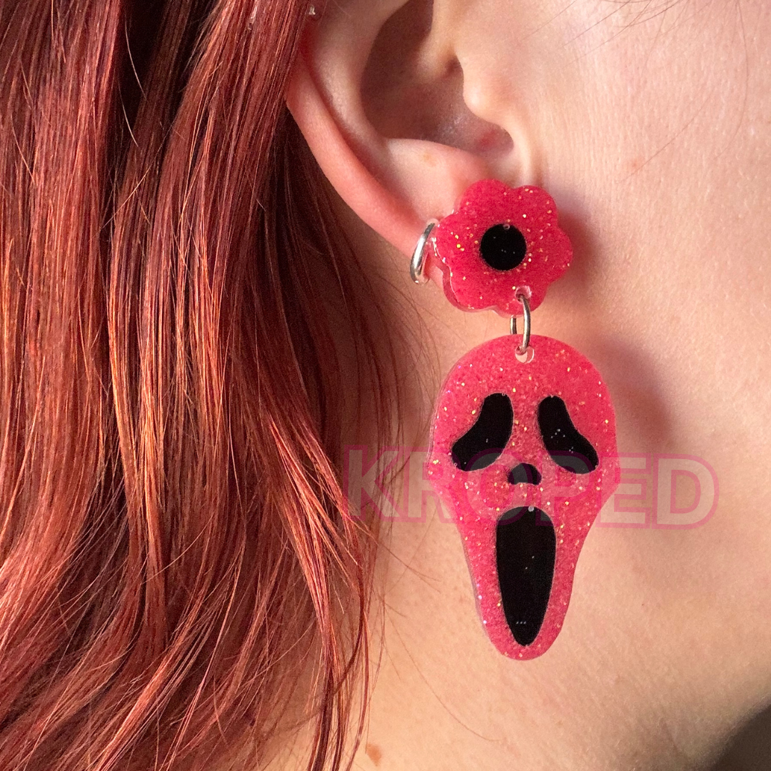Pink Flower Glitter Ghost Face Earrings