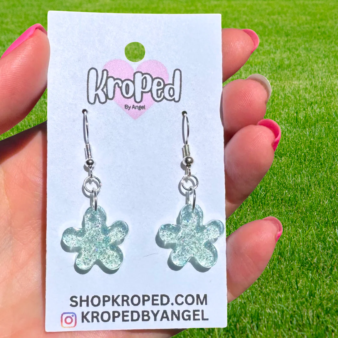 Blue Glitter Flower Earrings