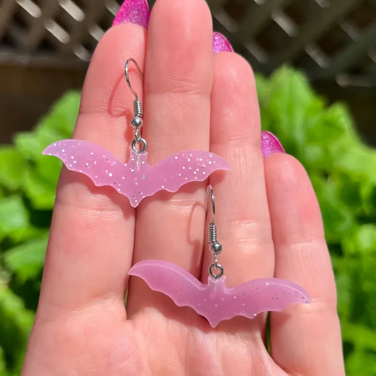 Pink Glitter Bat Earrings