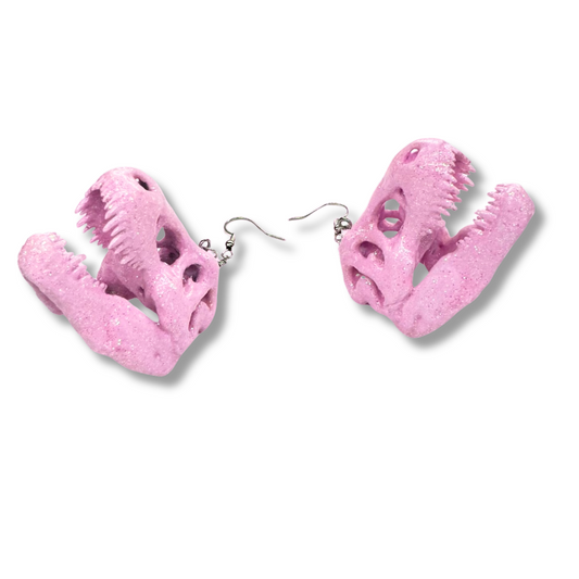 Pink Glitter Dinosaur Skull Earrings