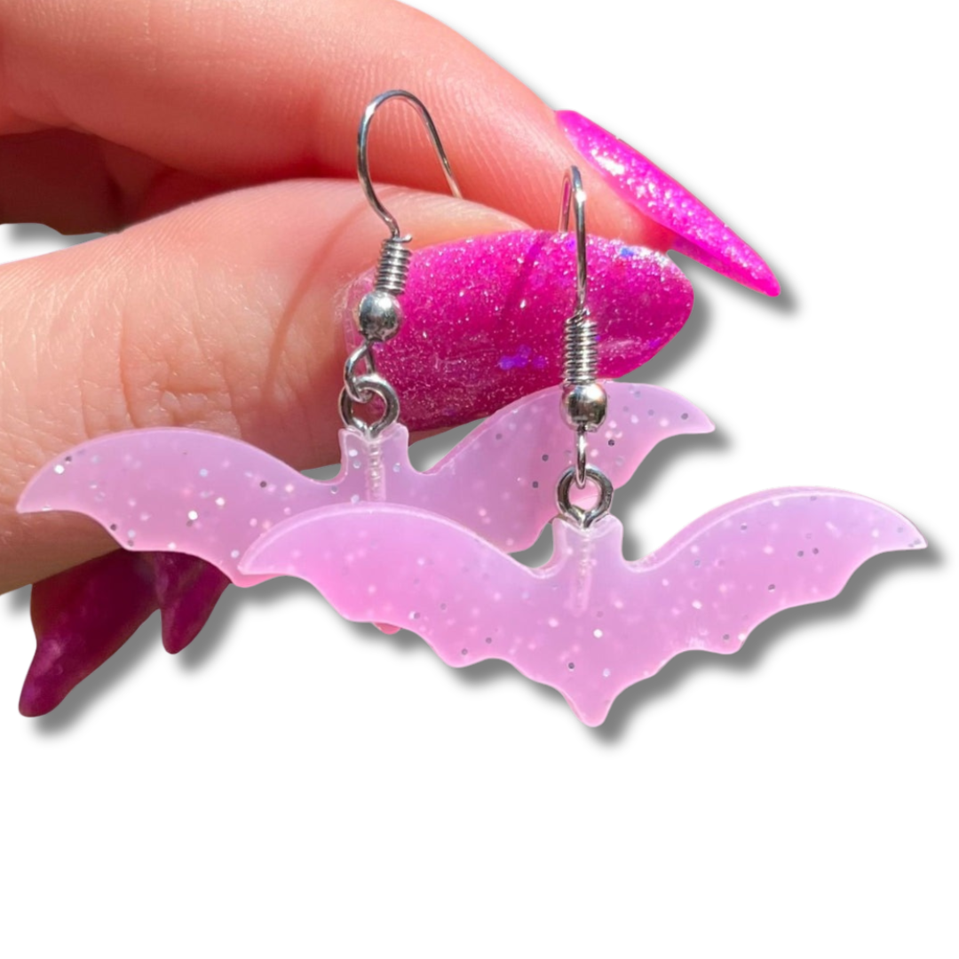 Pink Glitter Bat Earrings