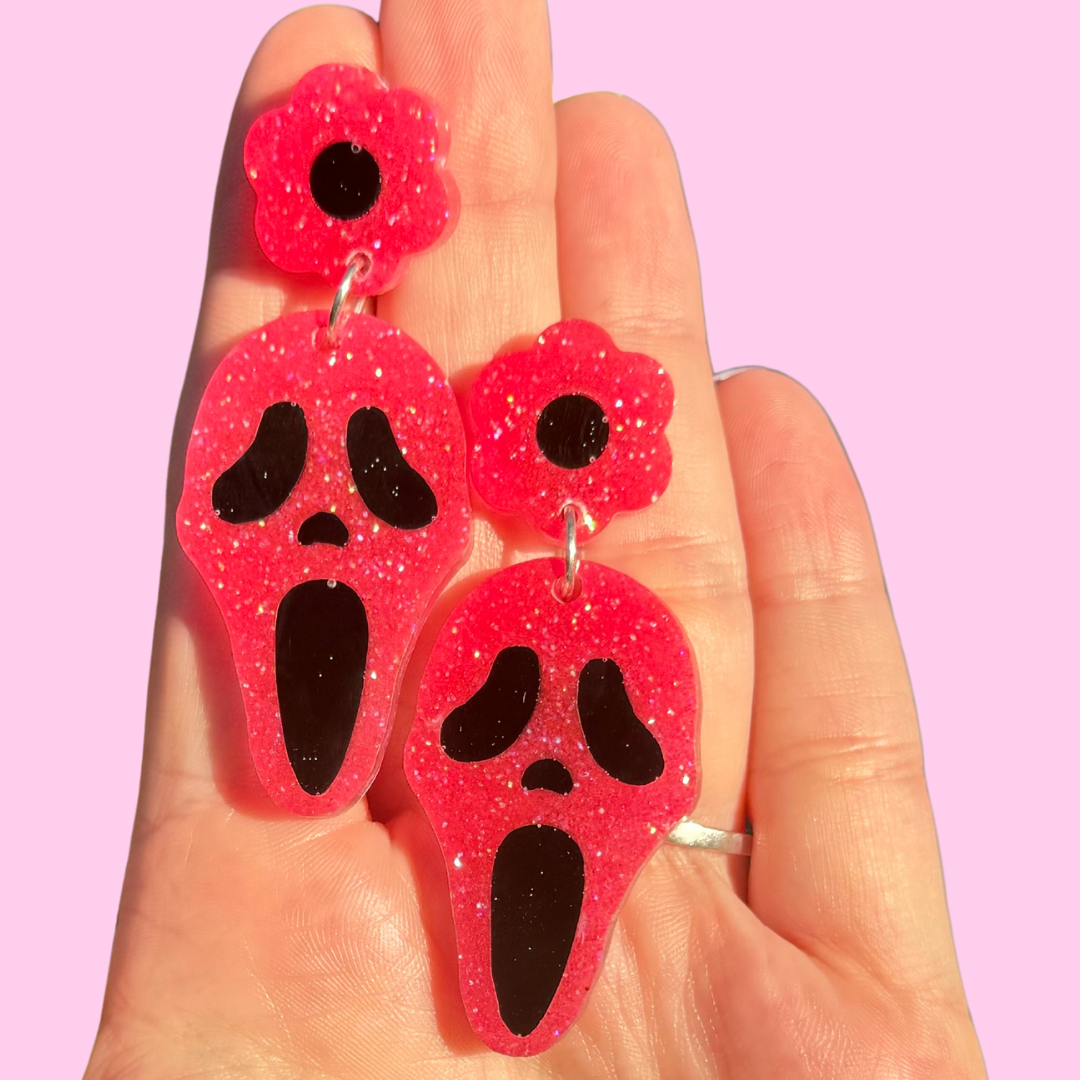 Pink Flower Glitter Ghost Face Earrings