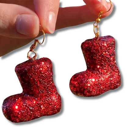 Santa's Red Glittery Boot Earrings