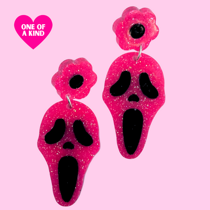 Pink Flower Glitter Ghost Face Earrings