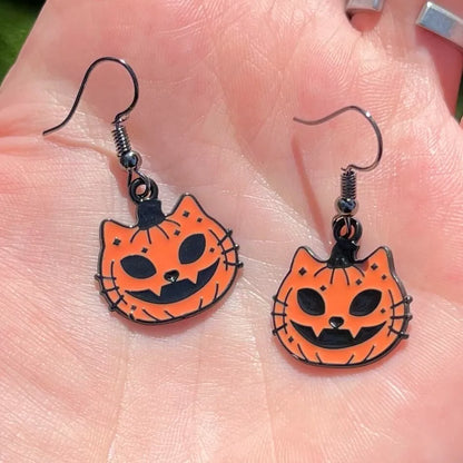 Orange Pumpkin Cat Earrings
