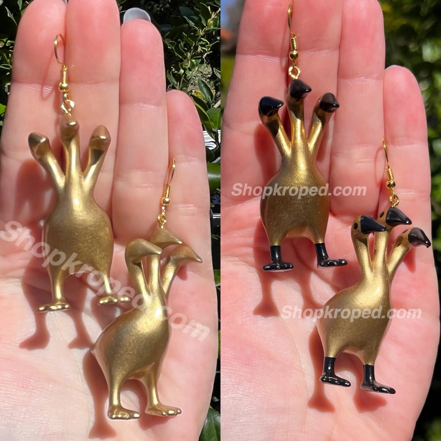 Gold 3 Headed Duck Goose Earrings