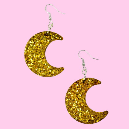 Gold Glitter Moon Earrings