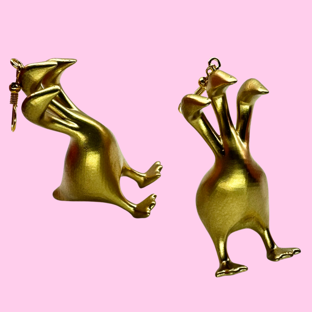 Gold 3 Headed Duck Goose Earrings