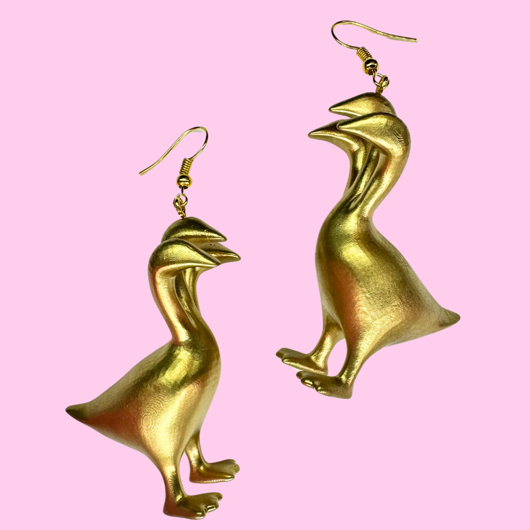 Gold 3 Headed Duck Goose Earrings