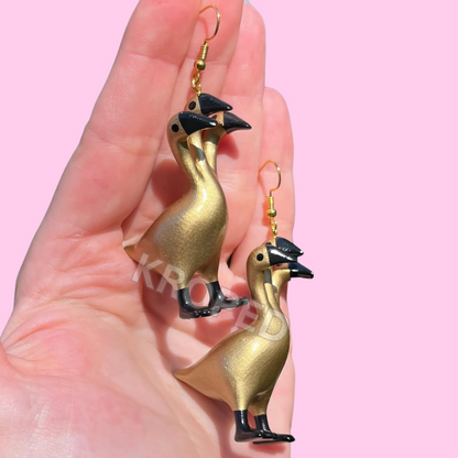 Gold 3 Headed Duck Goose Earrings